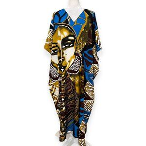 Winlar Caftan Dress One Size Maxi Kaftan African Art Face Print Boho Lounge Wear